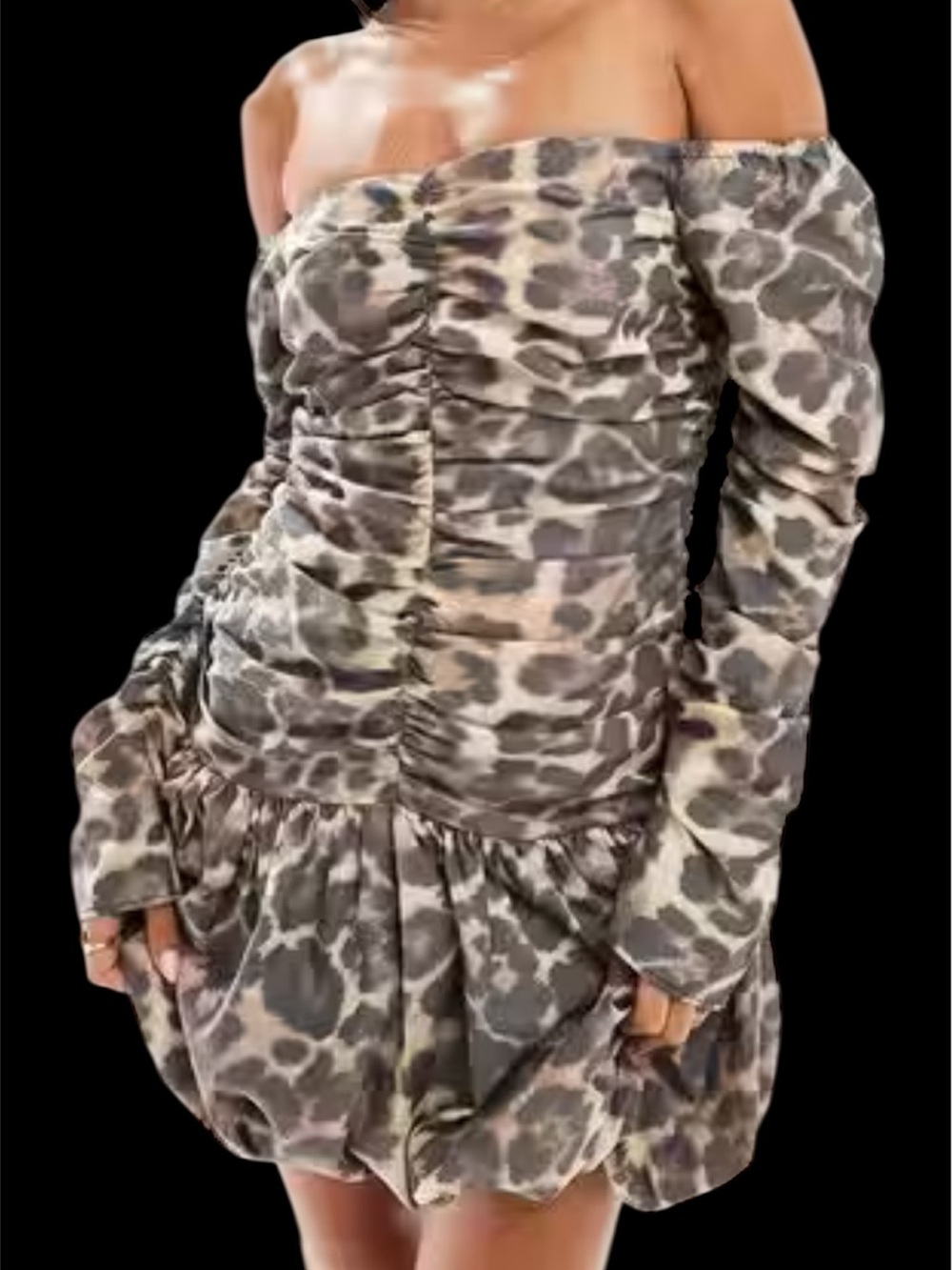 ASOS Off-Shoulder Ruched Leopard Print Mini Dress - Taupe Gray